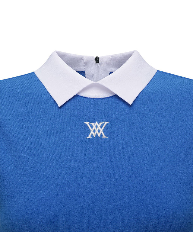 ANEW Golf Women Back Zipper Point Short Sweater in blue, featuring a stylish design with a back zipper and color-matching collar and sleeves.